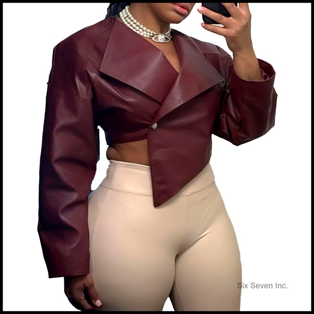 Crop Faux Leather Jacket Lapel Neck Button Down Long Sleeve Pu Coat Y2k Chic